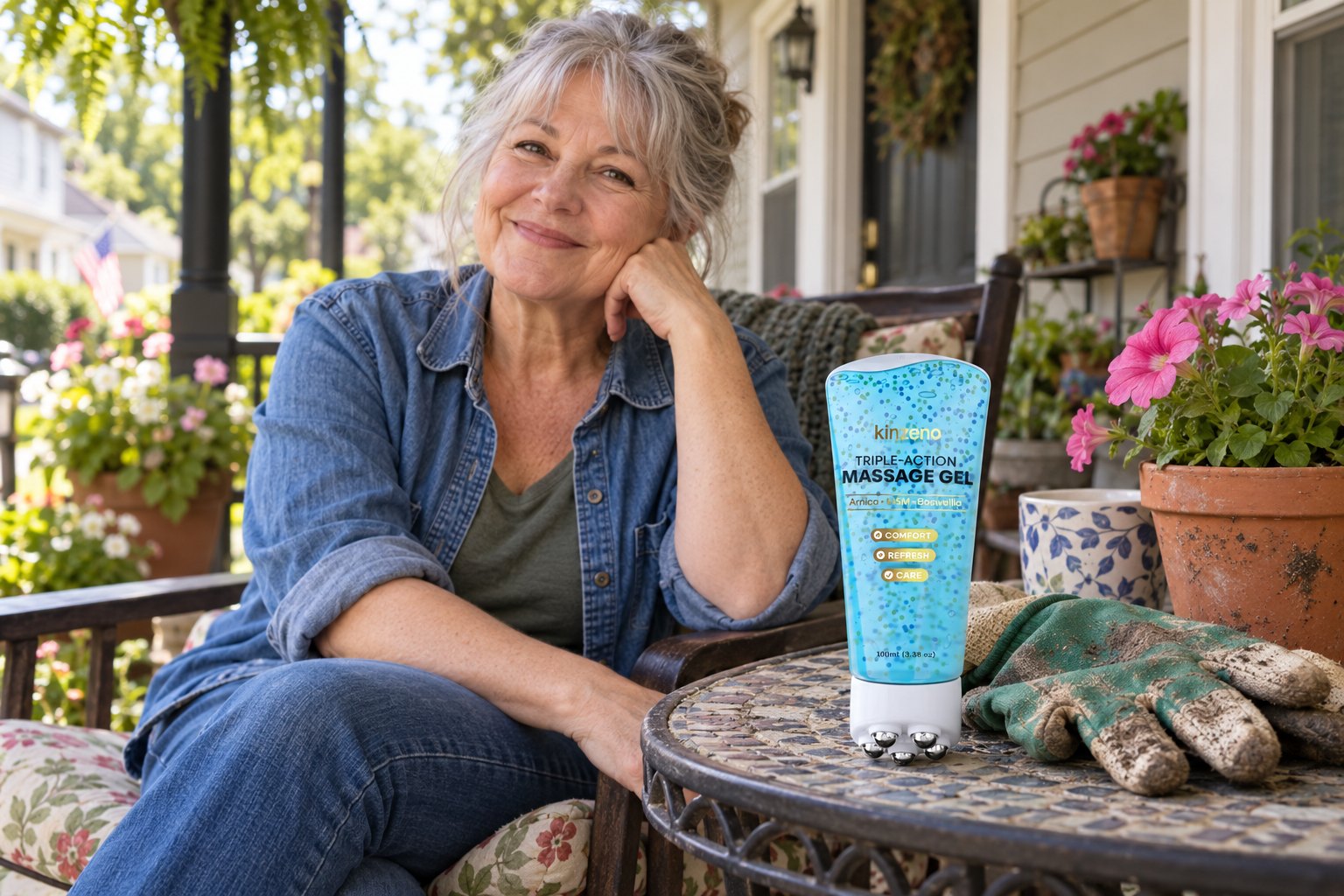 Carol Whitfield, 59, smiling on her front porch in Dayton, Ohio, with the massage roller and her gardening gloves on the table beside her