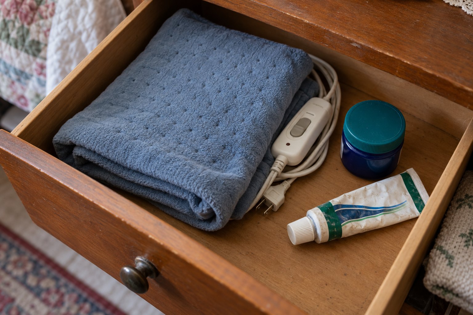 An open drawer holding a folded heating pad, a jar of menthol rub and a worn tube of cream