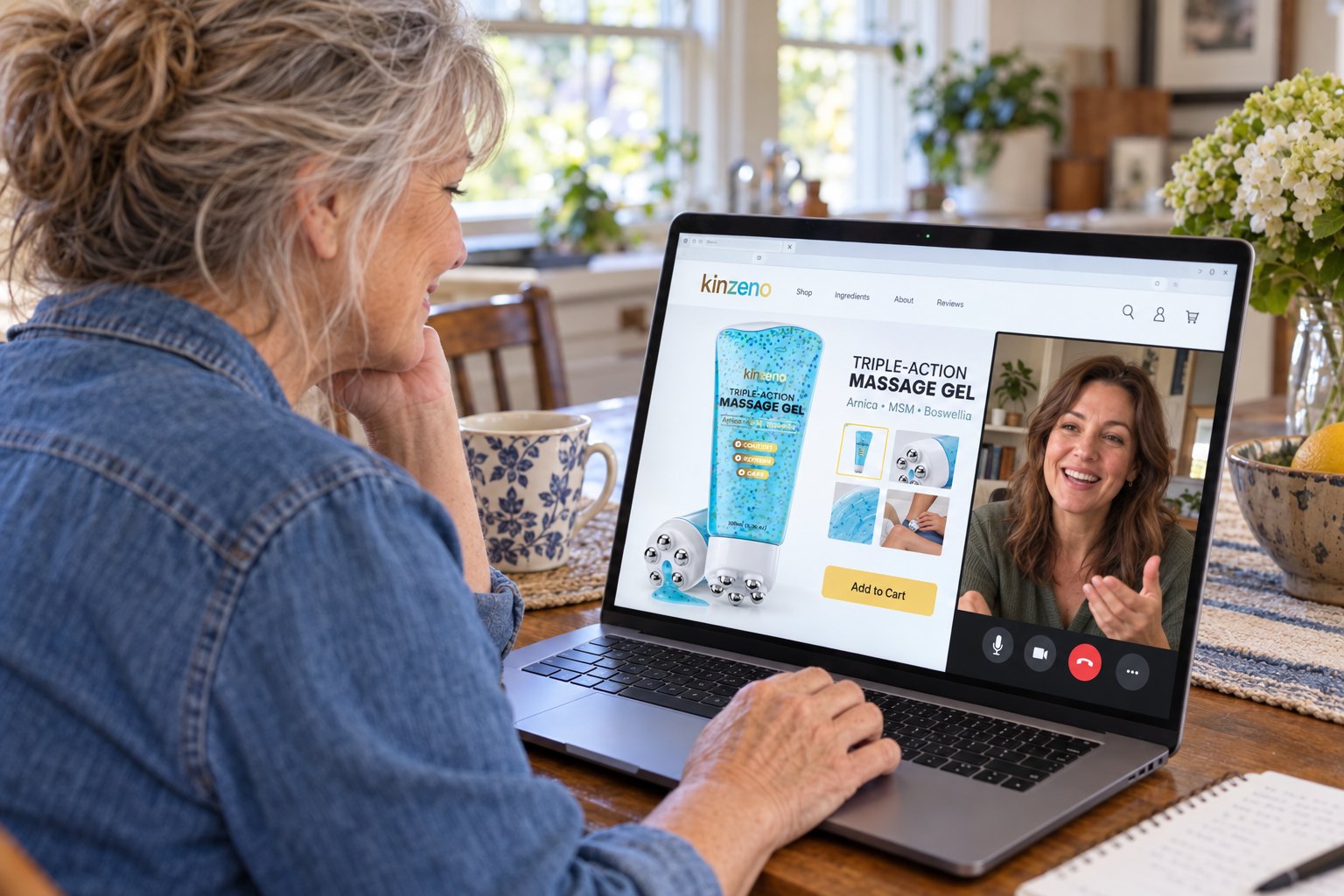 Carol at her kitchen table reading the product page on her laptop while on a video call with her daughter Megan