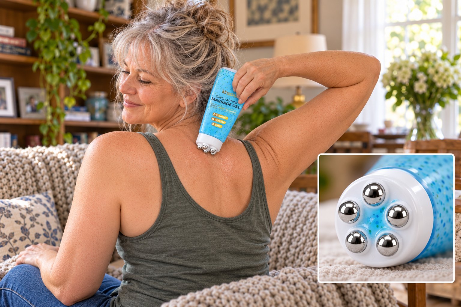Carol using the roller on her upper back, with an inset close-up of the five rollerballs on the head