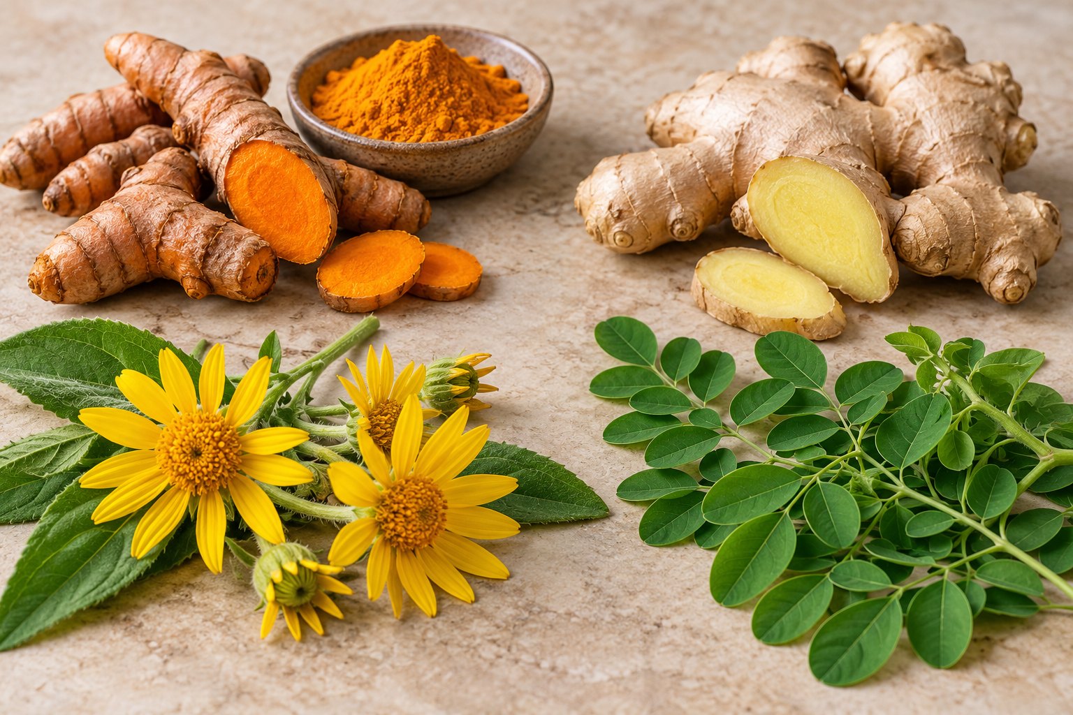 Turmeric root and powder, ginger, arnica flowers and moringa leaves arranged on a stone surface
