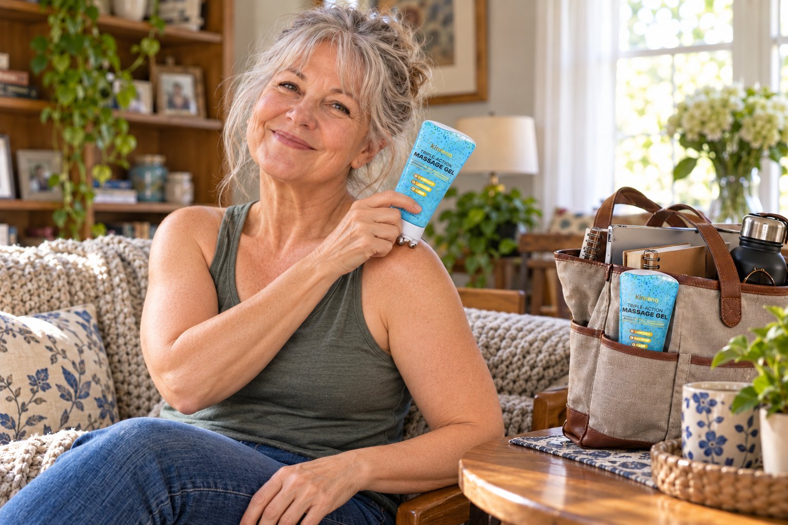 Carol smiling on her living room sofa, holding the roller to her shoulder, with a second one in her work bag beside her